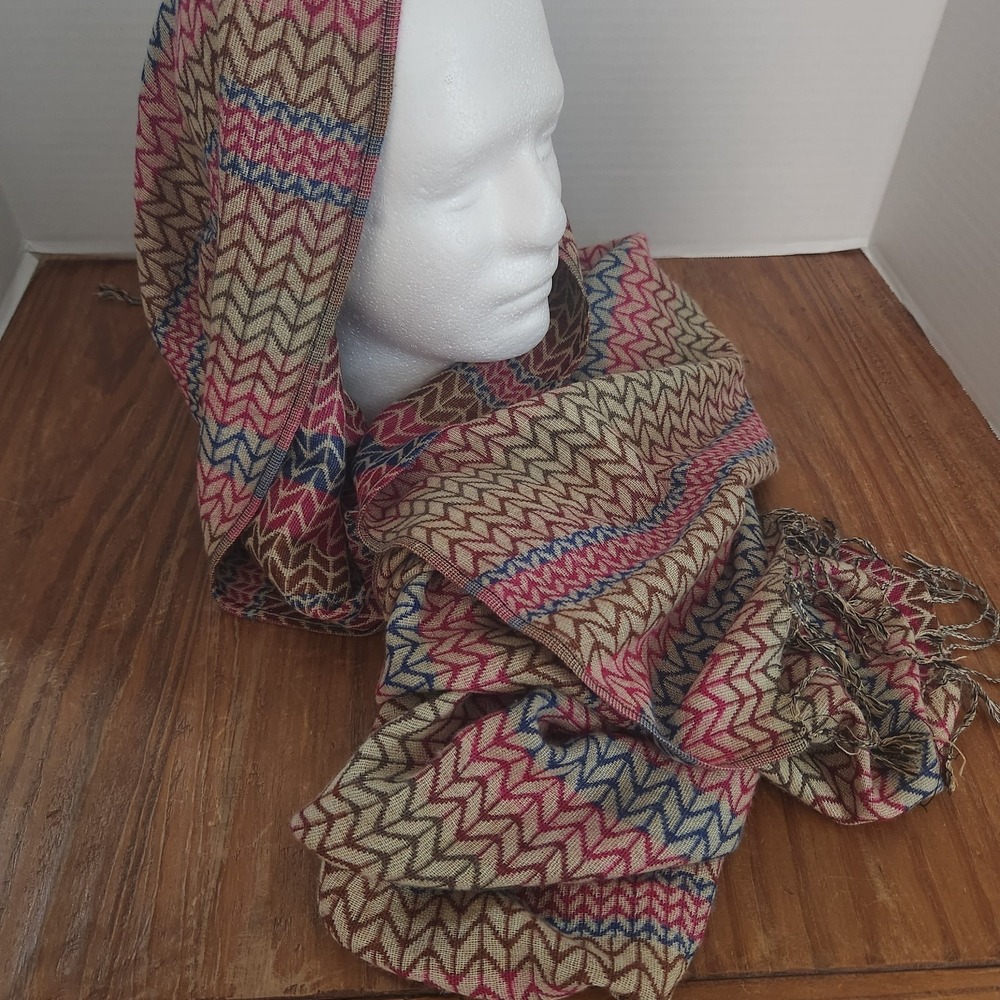 Pashmina Chevron Print‎ Pink Blue Brown Fringe Scarf Shawl Wrap 68x27 Boho